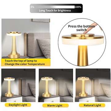 JHPGEOE Portable LED Desk Lamp, 3-Color Touch Control,3-Levels Brightness,Rechargeable Battery,Ideal Bedside Lamp for Nightstand,Bedroom, Living Room-Wall Lamp Dimmable Wall