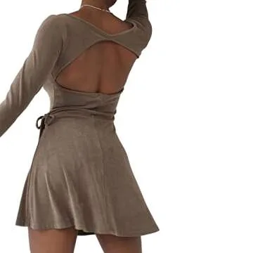 NUFIWI Women Trendy Mini Dress Floral Print Y2k Short Dresses Backless Cutout Bodycon Party Beach Sundress(Romper Tie Gray Brown,S)