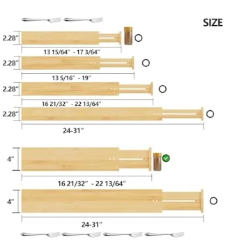 BAMEOS 4" High Drawer Dividers Bamboo Separators Organization Expandable Organizers for Kitchen Bedroom Bathroom Dresser Office 4-pack