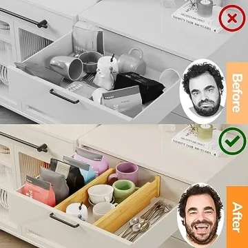 BAMEOS 4" High Drawer Dividers Bamboo Separators Organization Expandable Organizers for Kitchen Bedroom Bathroom Dresser Office 4-pack