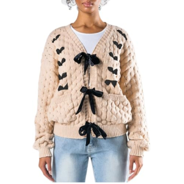 Women Bow Tie Front Leopard Knit Cardigan Sweater Y2k Long Sleeve Crochet Knitted Crop Shirt 2024 Fa...