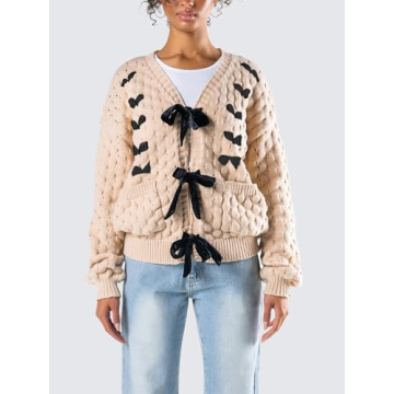 Women Bow Tie Front Leopard Knit Cardigan Sweater Y2k Long Sleeve Crochet Knitted Crop Shirt 2024 Fall Going Out Top