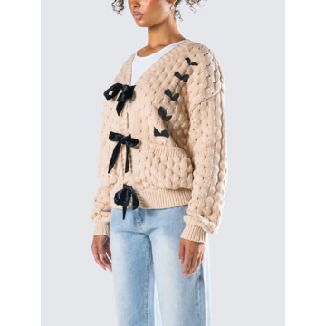Women Bow Tie Front Leopard Knit Cardigan Sweater Y2k Long Sleeve Crochet Knitted Crop Shirt 2024 Fall Going Out Top