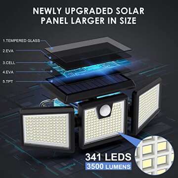 [2-Pack] Solar Outdoor Lights 341 LED Solar Motion Sensor Lights, 3 Head Security Lights with PIR Waterproof Solar Flood Wall Lights for Garden Patio