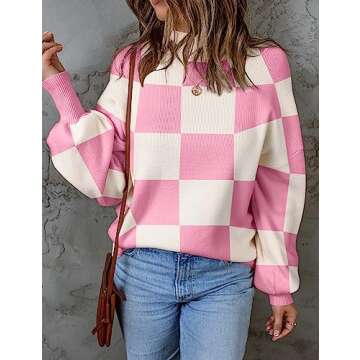 ZESICA Women's 2024 Fall Fashion Turtleneck Long Sleeve Striped Ribbed Knit Loose Pullover Sweater Tops,PinkPlaid,Small