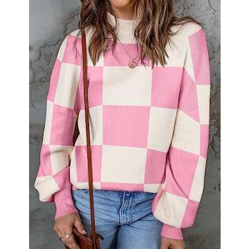 ZESICA Women's 2024 Fall Fashion Turtleneck Long Sleeve Striped Ribbed Knit Loose Pullover Sweater Tops,PinkPlaid,Small