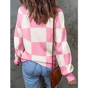 ZESICA Women's 2024 Fall Fashion Turtleneck Long Sleeve Striped Ribbed Knit Loose Pullover Sweater Tops,PinkPlaid,Small
