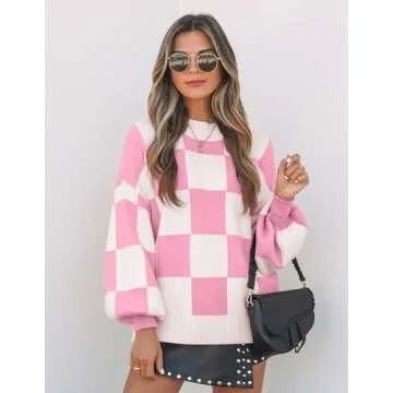 ZESICA Women's 2024 Fall Fashion Turtleneck Long Sleeve Striped Ribbed Knit Loose Pullover Sweater Tops,PinkPlaid,Small