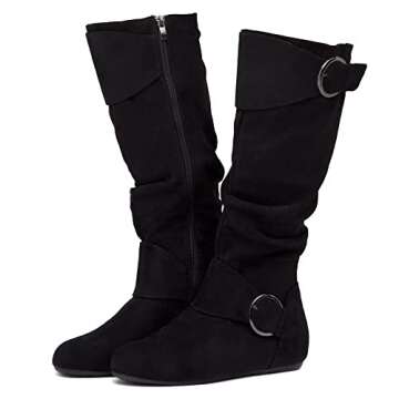 Shoe Land Bettyy Women's Knee High Boots Pull on Fall Weather Slouchy Flat Boots, Black, Size 9.0