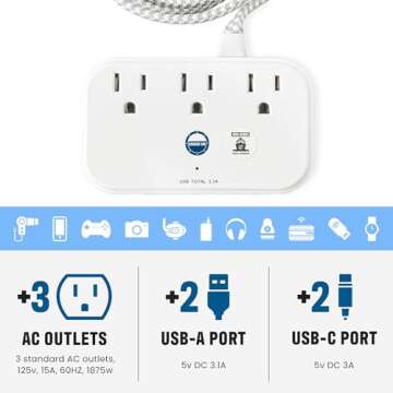 Cruise Approved Power Strip Non Surge Protector with 3.3 ft Travel Extension Cord and USB Ports [2 USB, 2 USB-C, 3 AC] Cruise Ship Essentials for Carnival, Princess, & Major Cruise Lines 2024 & 2025