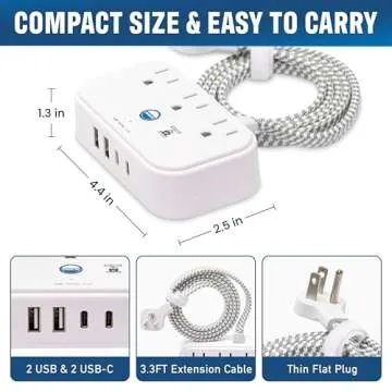 Cruise Approved Power Strip Non Surge Protector with 3.3 ft Travel Extension Cord and USB Ports [2 USB, 2 USB-C, 3 AC] Cruise Ship Essentials for Carnival, Princess, & Major Cruise Lines 2024 & 2025
