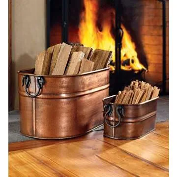 Plow & Hearth Galvanized Steel Firewood Bucket with Wrought Iron Handles 21.75 L x 12.75 W x 11.5 H inches, Antique Copper