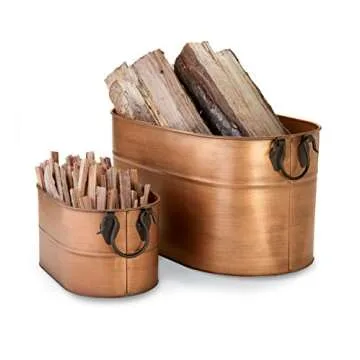 Plow & Hearth Galvanized Steel Firewood Bucket with Wrought Iron Handles 21.75 L x 12.75 W x 11.5 H inches, Antique Copper