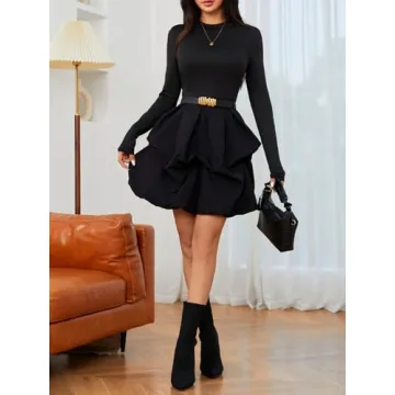 MakeMeChic Women's Long Sleeve Mock Neck Mini Dress Ruffle Hem