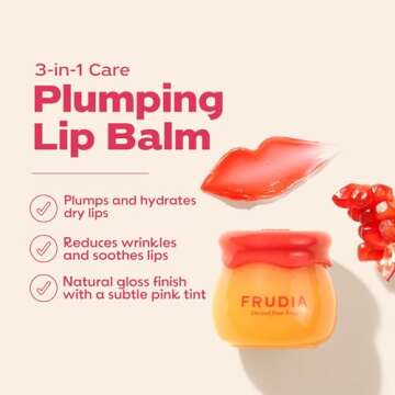 FRUDIA Pomegranate Honey Lip Balm, Lip Plumping, Hydrating, & Translucent Red Tinted 3-in-1 Korean L...