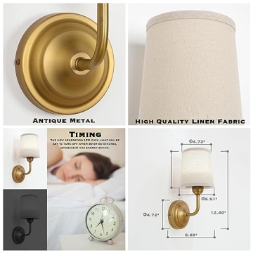 HEQIQEH Vintage Gooseneck Battery Operated Wall Sconce Light Fixture Set of 2 with Remote Control, Flared Funnel Linen Fabric Shade Dimmable Nightstand Lamps for Bedside Bedroom Living Room Lounge