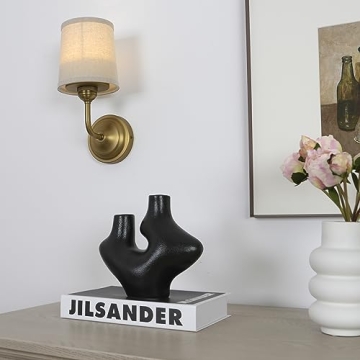 HEQIQEH Vintage Gooseneck Battery Operated Wall Sconce Light Fixture Set of 2 with Remote Control, Flared Funnel Linen Fabric Shade Dimmable Nightstand Lamps for Bedside Bedroom Living Room Lounge