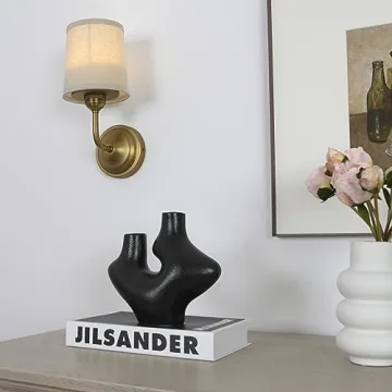 HEQIQEH Vintage Gooseneck Battery Operated Wall Sconce Light Fixture Set of 2 with Remote Control, Flared Funnel Linen Fabric Shade Dimmable Nightstand Lamps for Bedside Bedroom Living Room Lounge