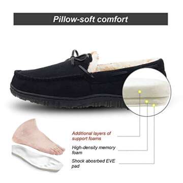 LA PLAGE Men's Moccasin Slippers Memory Foam Warm Plush House Slippers, Indoor Outdoor Comfortable Winter House Shoes 12 US Black