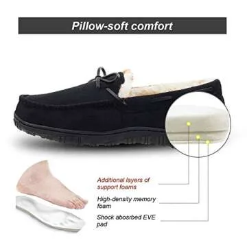 LA PLAGE Men's Moccasin Slippers Memory Foam Warm Plush House Slippers, Indoor Outdoor Comfortable Winter House Shoes 12 US Black