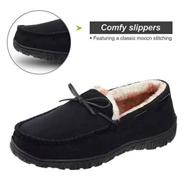 LA PLAGE Men's Moccasin Slippers Memory Foam Warm Plush House Slippers, Indoor Outdoor Comfortable Winter House Shoes 12 US Black
