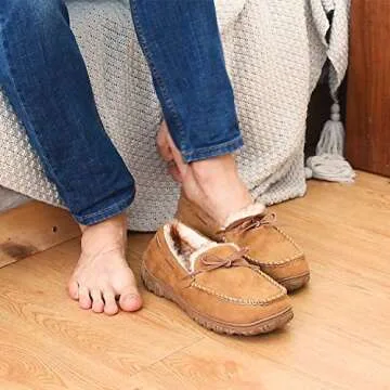 LA PLAGE Men's Moccasin Slippers Memory Foam Warm Plush House Slippers, Indoor Outdoor Comfortable Winter House Shoes 12 US Black