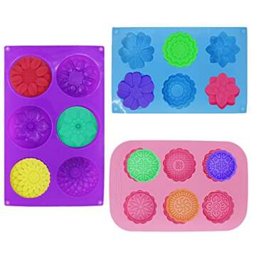 3 Pcs Cake Muffin Mooncake Silicone Molds, FineGood Flower-Shaped Pans for Making Jelly Pudding Cookies Chocolate, DIY Handmade Soap Trays, 6-Cavity - Purple, Blue, Pink