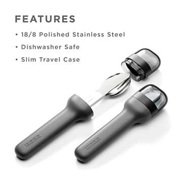 ZOKU Pocket Utensil Set, Charcoal - Stainless Steel Fork, Knife, and Spoon Nest in Hygienic Case - P...