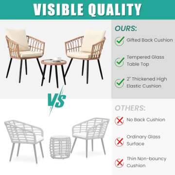 IJIALIFE 3 Pieces Patio Bistro Set, Outdoor Wicker Table and Chairs Set of 2, Rattan Balcony Furnitu...