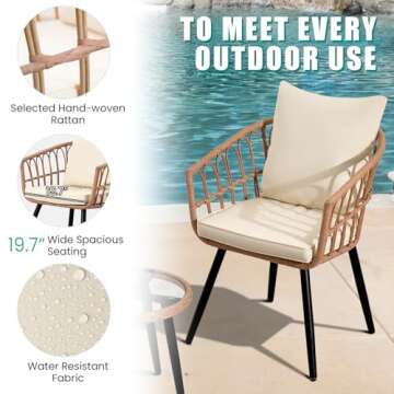 IJIALIFE 3 Pieces Patio Bistro Set, Outdoor Wicker Table and Chairs Set of 2, Rattan Balcony Furniture Set with Cushions for Front Porch Apartment Backyard Deck,Beige