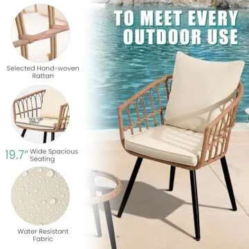 IJIALIFE 3 Pieces Patio Bistro Set, Outdoor Wicker Table and Chairs Set of 2, Rattan Balcony Furniture Set with Cushions for Front Porch Apartment Backyard Deck,Beige