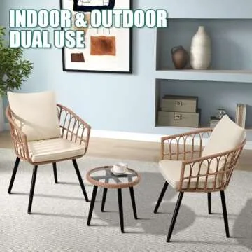 IJIALIFE 3 Pieces Patio Bistro Set, Outdoor Wicker Table and Chairs Set of 2, Rattan Balcony Furniture Set with Cushions for Front Porch Apartment Backyard Deck,Beige