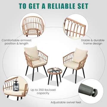 IJIALIFE 3 Pieces Patio Bistro Set, Outdoor Wicker Table and Chairs Set of 2, Rattan Balcony Furniture Set with Cushions for Front Porch Apartment Backyard Deck,Beige