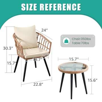 IJIALIFE 3 Pieces Patio Bistro Set, Outdoor Wicker Table and Chairs Set of 2, Rattan Balcony Furniture Set with Cushions for Front Porch Apartment Backyard Deck,Beige