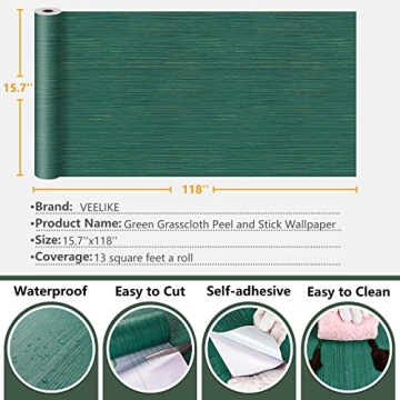 VEELIKE Textured Green Grasscloth Peel and Stick Wallpaper