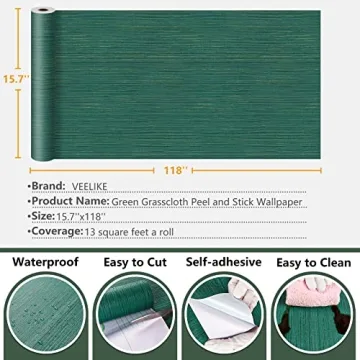 VEELIKE Textured Green Grasscloth Peel and Stick Wallpaper