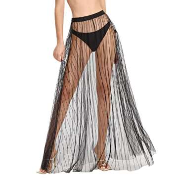 Verdusa Women's High Waist Sheer Mesh A Line Flowy Maxi Skirt Cover Up Black M