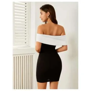 Floerns Women's Off Shoulder Short Sleeve Mini Dress Bow Front Bodycon Dresses Black and White Mediu...