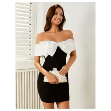 Floerns Women's Off Shoulder Short Sleeve Mini Dress Bow Front Bodycon Dresses Black and White Medium