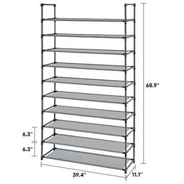 Camabel 10 Tiers Shoe Rack Capacity 130lbs for 60 Pairs Stackable Narrow Expandable Storage Organizer Cabinet Tower Shelf Space Saving Assembly Hold High Heeled Shoes Gray BG360