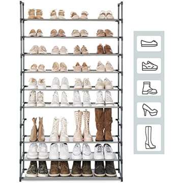 Camabel 10 Tiers Shoe Rack Capacity 130lbs for 60 Pairs Stackable Narrow Expandable Storage Organizer Cabinet Tower Shelf Space Saving Assembly Hold High Heeled Shoes Gray BG360