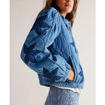 Aimiray Women's Cropped Embroidery Floral Quilted Puffer Jackets 3D Printed Lightweight Button Padde...