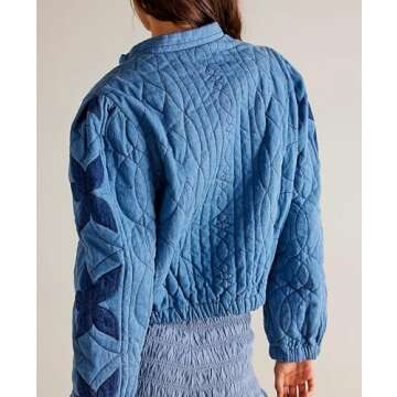 Aimiray Women's Cropped Embroidery Floral Quilted Puffer Jackets 3D Printed Lightweight Button Padded Coats with Pockets(Blue-XS)