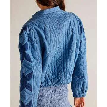 Aimiray Women's Cropped Embroidery Floral Quilted Puffer Jackets 3D Printed Lightweight Button Padded Coats with Pockets(Blue-XS)