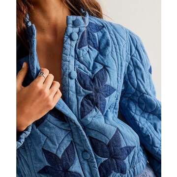 Aimiray Women's Cropped Embroidery Floral Quilted Puffer Jackets 3D Printed Lightweight Button Padded Coats with Pockets(Blue-XS)