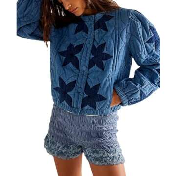 Aimiray Women's Cropped Embroidery Floral Quilted Puffer Jackets 3D Printed Lightweight Button Padded Coats with Pockets(Blue-XS)