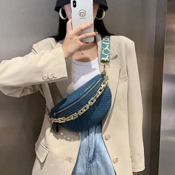 Thick Chain Women's Fanny Pack Plaid leather Waist Bag Shoulder Crossbody Chest Bags Luxury Designer Handbags Female Belt Bag (Blue)