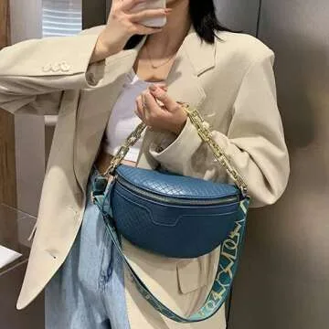 Thick Chain Women's Fanny Pack Plaid leather Waist Bag Shoulder Crossbody Chest Bags Luxury Designer Handbags Female Belt Bag (Blue)