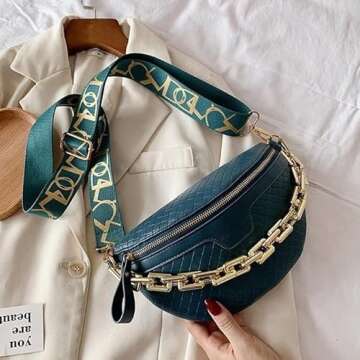 Thick Chain Women's Fanny Pack Plaid leather Waist Bag Shoulder Crossbody Chest Bags Luxury Designer Handbags Female Belt Bag (Blue)