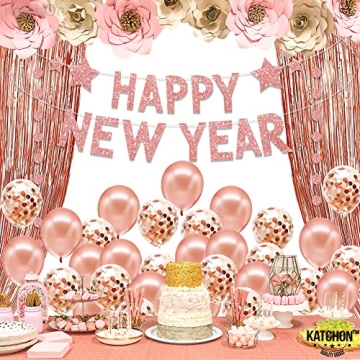KatchOn, New Years Eve Party Supplies 2024 Set - Large 10 Feet, Glitter Happy New Year Banner | Rose Gold Fringe Curtains for Rose Gold New Years Eve Decorations 2024 | Happy New Year Decorations 2024